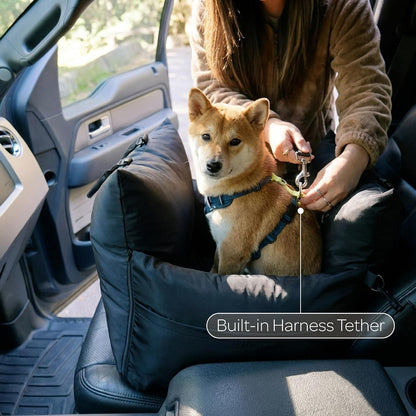 Marco Travel Pet Bed – Dog Car Seat for Small & Medium Dogs, Waterproof, Faux Fur Cushion, Safety Belt, Washable Cover, Storage Pockets, Booster Seat (Black, Single Seater 18.5" X 21")