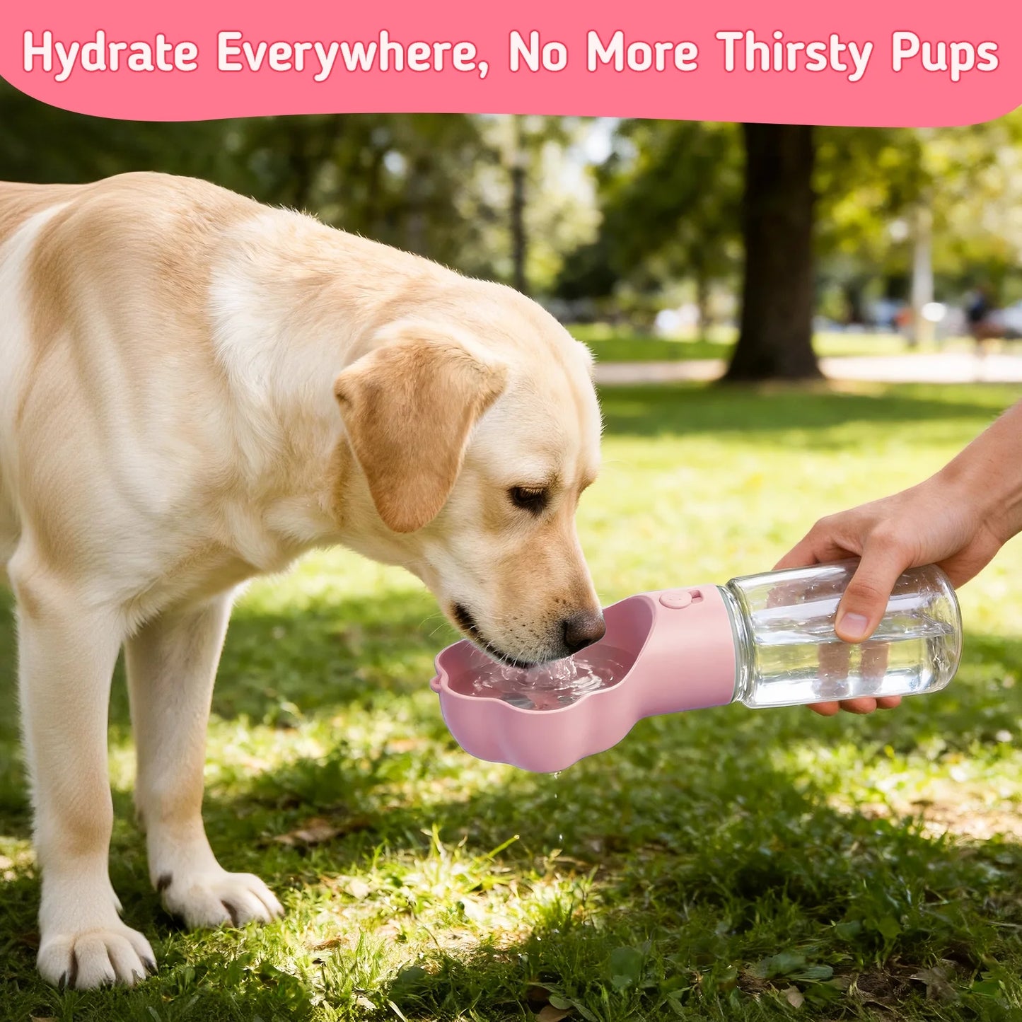 Dog Water Bottle with Food Container, 18.6Oz Pet Dispenser Cup, Detachable Food Storage, Portable Leak Proof Lock Dog Water Bottle for Outdoor Daily Walking Camping Hiking Travel, Pink