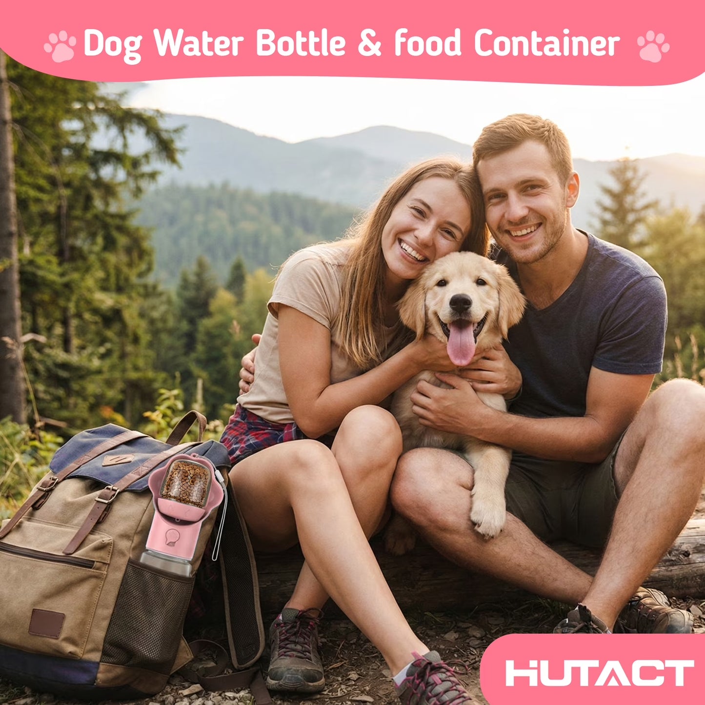 Dog Water Bottle with Food Container, 18.6Oz Pet Dispenser Cup, Detachable Food Storage, Portable Leak Proof Lock Dog Water Bottle for Outdoor Daily Walking Camping Hiking Travel, Pink
