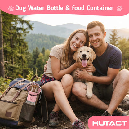 Dog Water Bottle with Food Container, 18.6Oz Pet Dispenser Cup, Detachable Food Storage, Portable Leak Proof Lock Dog Water Bottle for Outdoor Daily Walking Camping Hiking Travel, Pink
