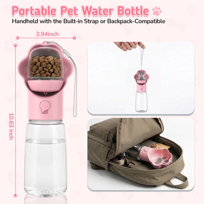 Dog Water Bottle with Food Container, 18.6Oz Pet Dispenser Cup, Detachable Food Storage, Portable Leak Proof Lock Dog Water Bottle for Outdoor Daily Walking Camping Hiking Travel, Pink