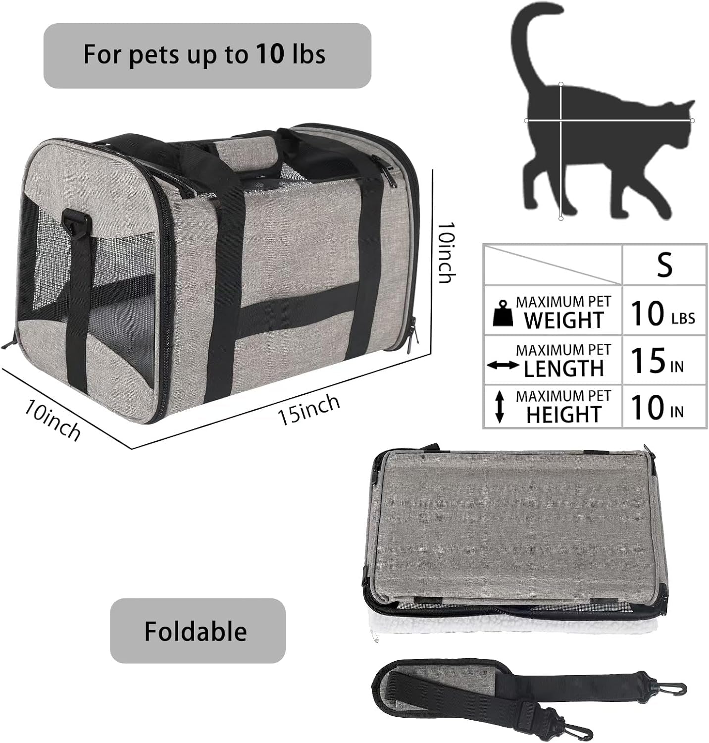 Small Animals Cat Carrying Case Pet Carrier Airline Approved, Protable and Breathable Pet Travel Carrier Removable Fleece Pad Collapsible Cat Carrier Dog Carrier Small Cats Dogs(15 * 10 * 10)