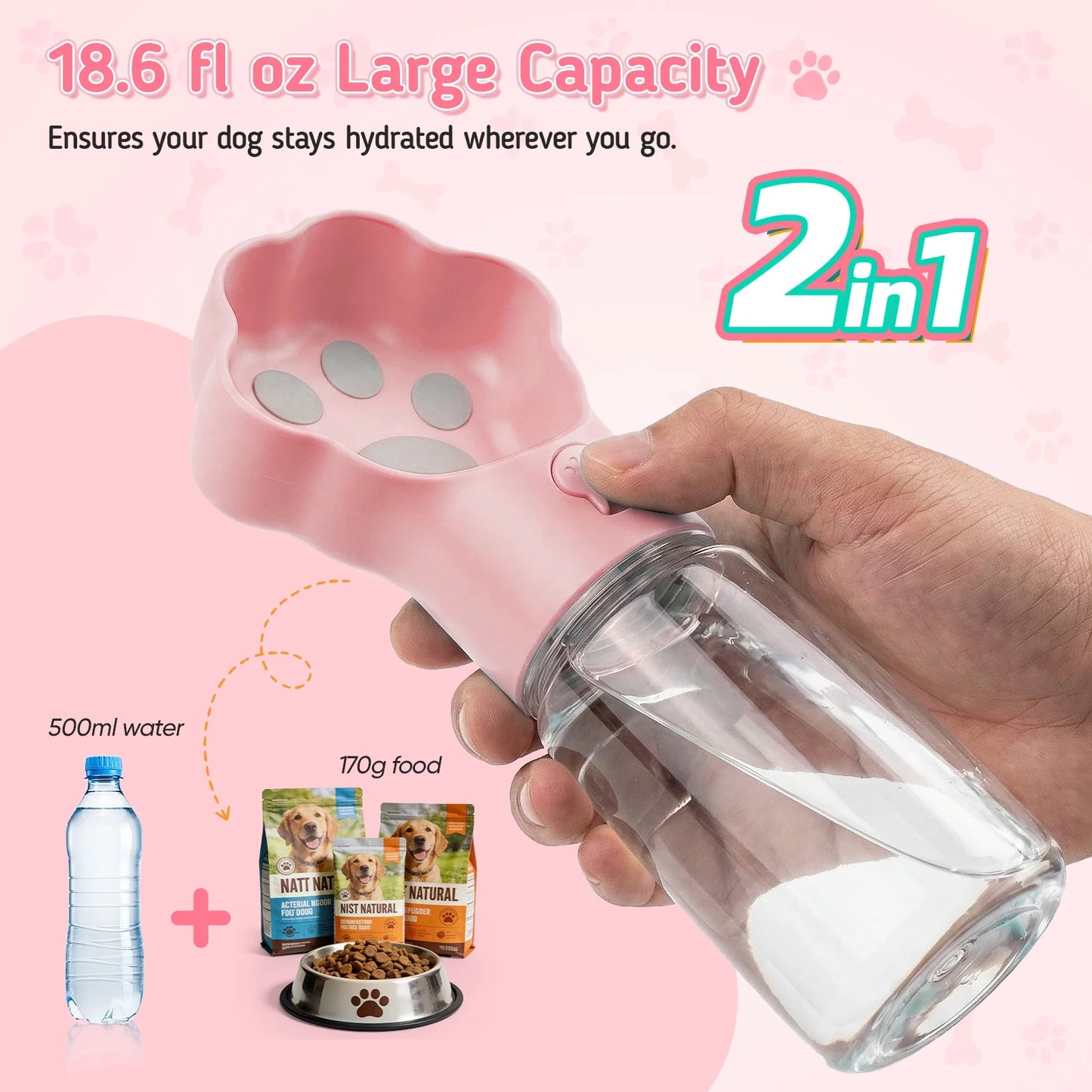 Dog Water Bottle with Food Container, 18.6Oz Pet Dispenser Cup, Detachable Food Storage, Portable Leak Proof Lock Dog Water Bottle for Outdoor Daily Walking Camping Hiking Travel, Pink