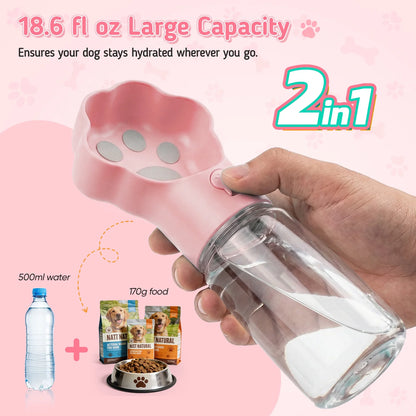 Dog Water Bottle with Food Container, 18.6Oz Pet Dispenser Cup, Detachable Food Storage, Portable Leak Proof Lock Dog Water Bottle for Outdoor Daily Walking Camping Hiking Travel, Pink