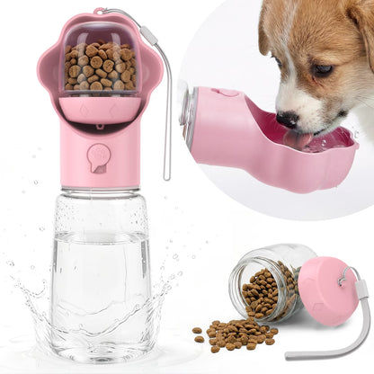 Dog Water Bottle with Food Container, 18.6Oz Pet Dispenser Cup, Detachable Food Storage, Portable Leak Proof Lock Dog Water Bottle for Outdoor Daily Walking Camping Hiking Travel, Pink