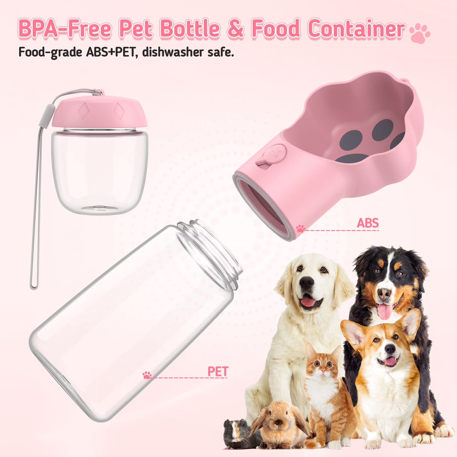 Dog Water Bottle with Food Container, 18.6Oz Pet Dispenser Cup, Detachable Food Storage, Portable Leak Proof Lock Dog Water Bottle for Outdoor Daily Walking Camping Hiking Travel, Pink