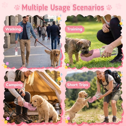 Dog Water Bottle with Food Container, 18.6Oz Pet Dispenser Cup, Detachable Food Storage, Portable Leak Proof Lock Dog Water Bottle for Outdoor Daily Walking Camping Hiking Travel, Pink