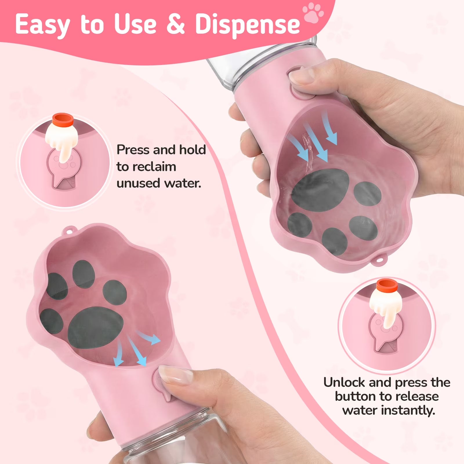 Dog Water Bottle with Food Container, 18.6Oz Pet Dispenser Cup, Detachable Food Storage, Portable Leak Proof Lock Dog Water Bottle for Outdoor Daily Walking Camping Hiking Travel, Pink
